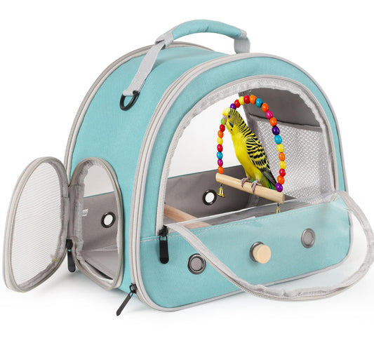 Portable Parrot Travel Cage Carrier with Small Swing Toy&Cage Colorful Toys Set Small Bird Parakeet Bag with Standing Perch Bird Carry Transport Bag (Green, Carreir/Swing)