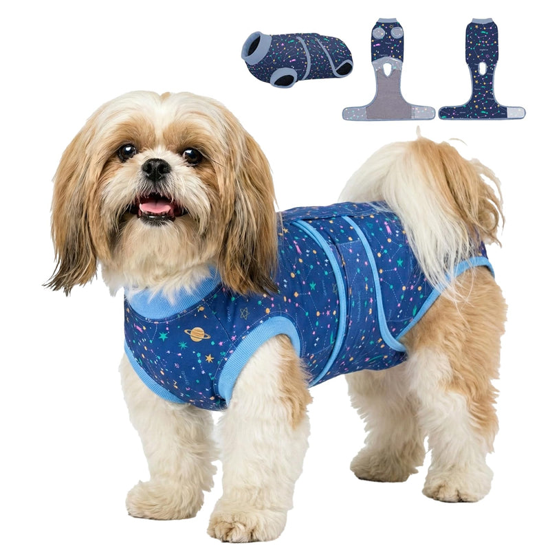PetWarm Post Spay Dog Suit Female, Dog Onesie for Spay Neuter, Recovery Suit for Female Male Dogs Bodysuit for Abdominal Affected Areas Sensitive Skin Areas, Galaxy Pattern, Blue, XS