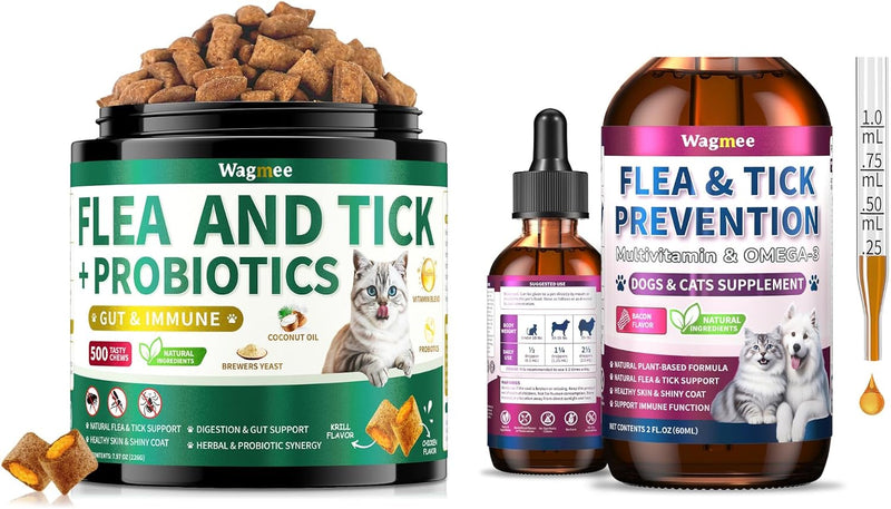 Flea & Tick Prevention for Dog and Cat, 500 Crunchy & Creamy Flea Chews+ Flea & Tick Support Drops - Skin & Coat Support