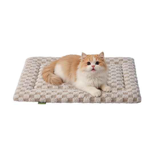 Cadolov Cat Bed Mat for Indoor Cats, Washable Dog Beds Crate Pad for Small Medium Dogs, Soft Cute Plush Non Slip 3D Pattern Pet Bed Khaki 18''x14''