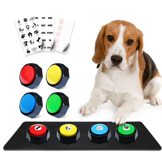 ANLIKY Recordable Buttons, Dog Buttons for Communication, Pack of 4 Colored Buzzers with Mat & 30 Scene Stickers 15 Custom Stickers. Non-Slip Stickers Inside