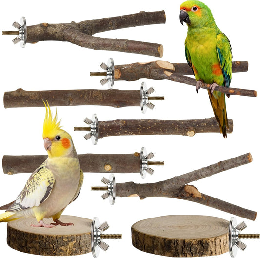 StyEdEk 8 Pack Natural Wood Bird Perches, Parrot Perch Stand Bird Cage Accessories for Budgerigar Cockatiels, Conures, Lovebirds (M)