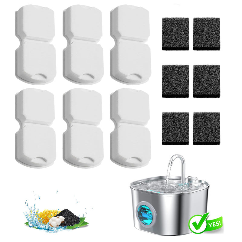Cat Water Fountain Filter Replacement: 6Pack Pet Fountain Filters of 6 Carbon Filters & 6 Sponges - Use for HOOISE 74oz Automatic Pet Fountain Cat Water Dispenser S15
