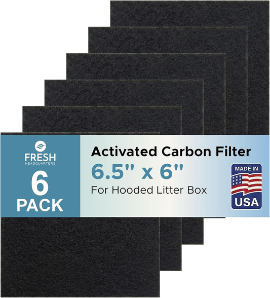 Fresh Headquarters 6-Pack Activated Carbon Cat Litter Box Filters Replacement - Trimmable 6" x 6.5" Organic Activated Charcoal Filter - Ideal Hooded Litter Box Deodorizer, Superior Odor Absorbing