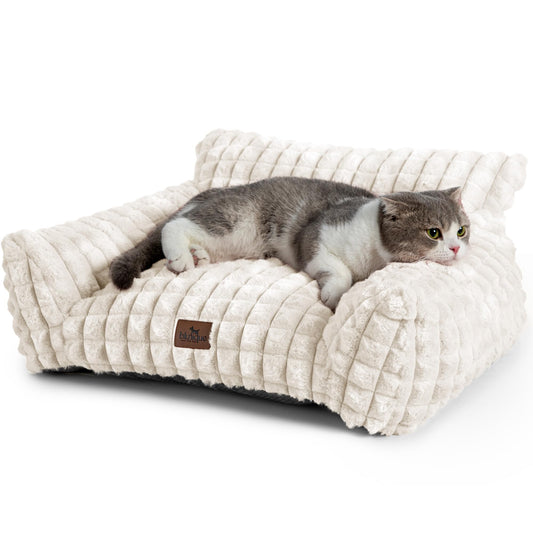 blunique Cat Beds for Indoor Cats - Cute Cat Couch Bed Fluffy Pet Sofa with Faux Rabbit Fur Washable Cover, Fuzzy Pet Couch in 3D Diamond Pattern, Suppportive Large & Small Cats Sofa, 24inch Off White