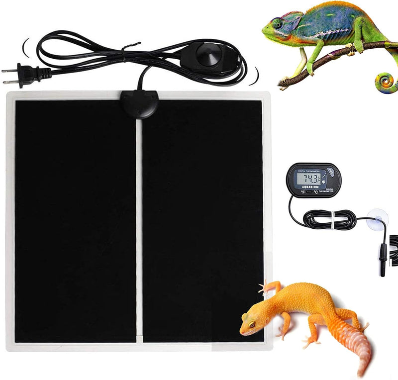 MQ Reptile Terrarium Heat Pad with LCD Digital Aquarium Thermometer, 5.5 x 6in Power Adjustment Under Tank Heater Mat fo