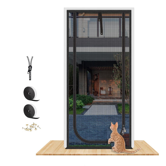 QWR Reinforced Cat Screen Door,Fits Door Opening Size 32''x 80'',Thickened Cat Proof Mesh Screen Door with Zipper Closure for Living Room,Kitchen,Bedroom (U-Type,Black)