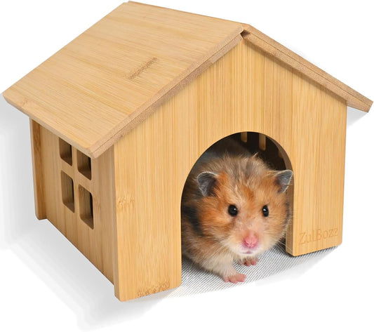 0.3" Thick Bamboo Hamster Hideout House, Pre-Assembled Slant Roof Wooden Nesting Box, Large Hamster Habitat Decor for Sy