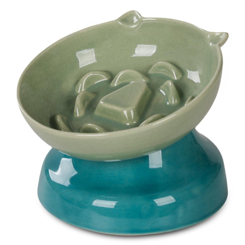 Slow Feeder Cat Bowl, Ceramic Cat Slow Feeder,Elevated Anti Vomiting Whisker Friendly Tilted Design,for Dry and Wet Food,Dishwasher Safe (Green)