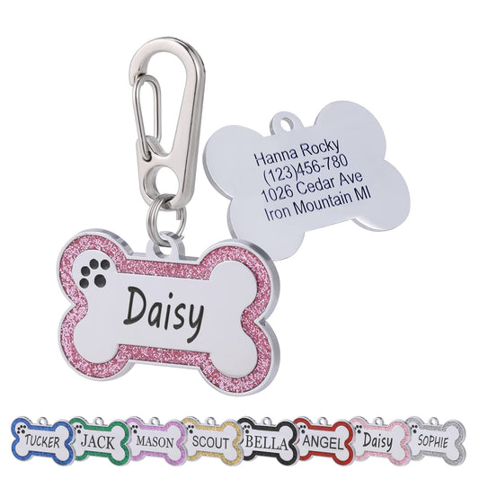 Aimeng Personalized Stainless Steel Pet ID Tags with Glittery Bone Design - DEEP Engraved Dog Tags Engraved for Pets Customized with 5 Lines Dogs and Cats Pets