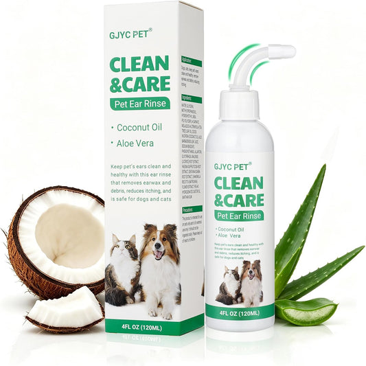 Dog Ear Cleaner & Cat Ear Wash with Flexible Silicone Tip, Gentle Deep Cleaning Solution for Ear Wax, Dirt & Odor, Aloe 