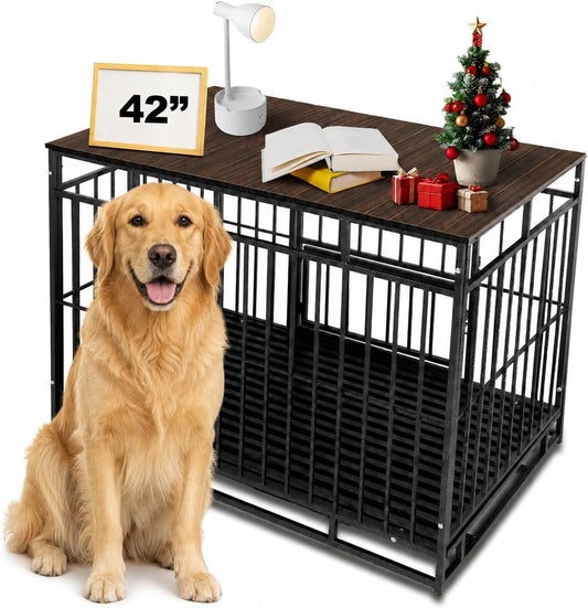 Petmystify Dog Crate Topper Metal with Magnets for 42 Inch Crate - Aluminum Foldable Dog Kennel Topper Decorative Storage Pet Crate Table Walnut (Only Topper)