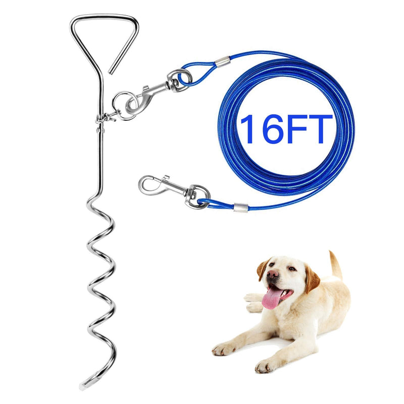 EvilplanDog Tie Out Cable and Stake, 16ft Outside Dog Leash&Chain for Camping and Yard, 16'' Heavy Duty Anti Rust Spiral Stake for Medium-Large Dogs Up to 125 lbs
