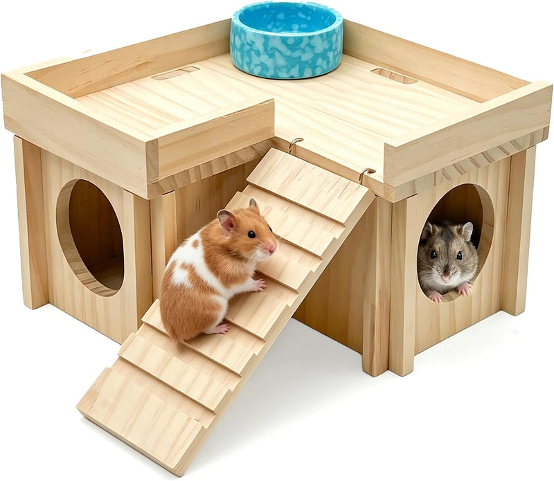 Wooden Hamster Hideout House with Platform, Bowl & Ladder