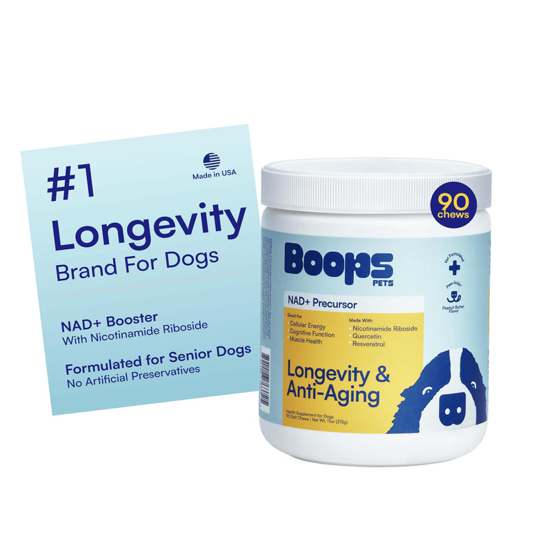 Boops Pets NAD+ Precursor & Senior Dog Supplement - 90 Soft Chews - NMN Alternative for Longevity & Healthy Aging - Nicotinamide Riboside, Resveratrol, Quercetin, Made with Pasture-Raised Chicken