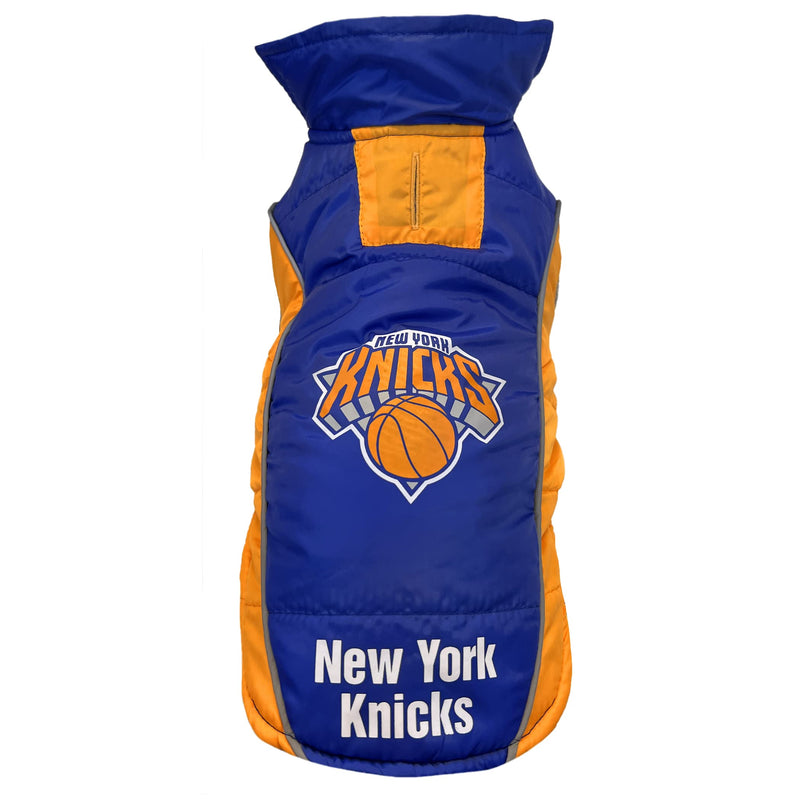 NBA New York Knicks Puffer Vest for Dogs & Cats, Size Medium. Warm, Cozy, and Waterproof Dog Coat, for Small and Large Dogs/Cats. Best NBA Licensed PET Warming Sports Jacket