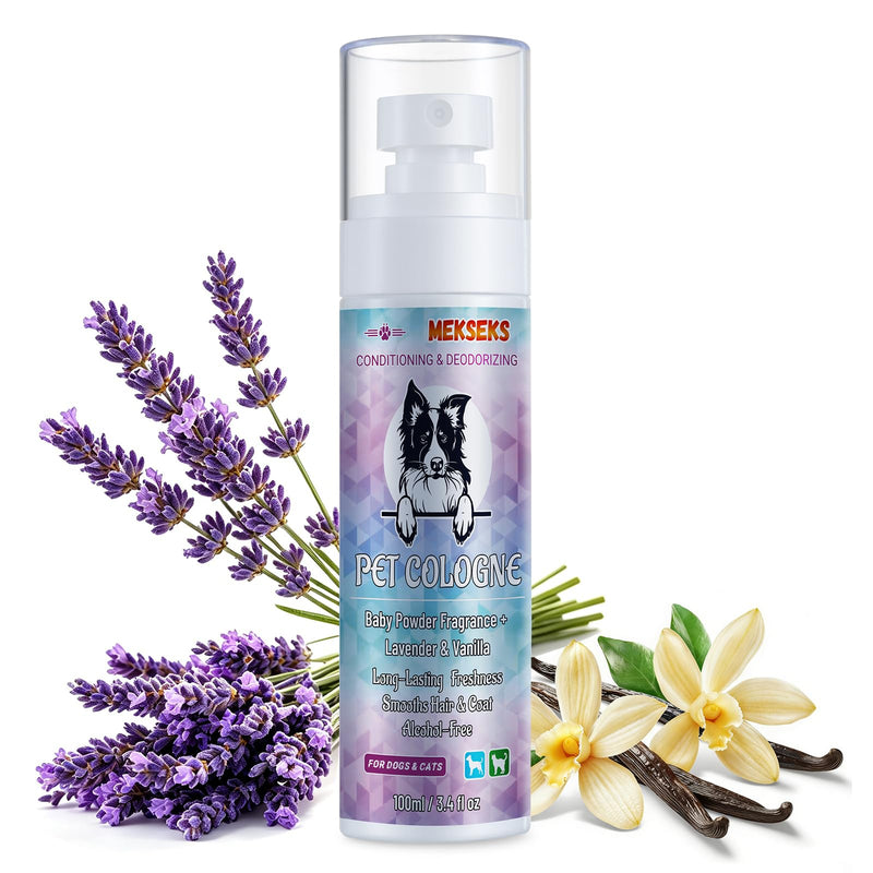 Mekseks Dog Cologne Spray Long Lasting Baby Powder Scent Perfume Conditioner for Dogs Cats Grooming Smooth Hair Keep Fresh Smell Control Odors Reduce Static Detangles, Natural Non-Sticky 3.4 fl oz