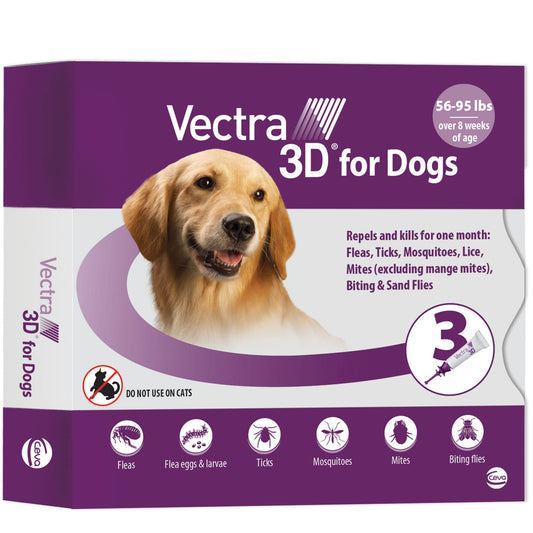 Vectra 3D Flea and Tick Prevention for Dogs, Kills and Repels Fleas, Ticks & Mosquitoes | Fast‑Acting, Waterproof, No Prescription Needed | Large Dogs 56–95 lbs, 3‑Month Supply