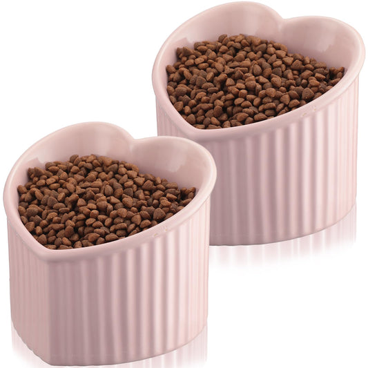 Mumufy 2 Pcs Ceramic Elevated Cat Bowls Tilted Elevated Raised Pet Bowls Anti Vomit Cat Dish for Indoor Stress Free Water Dish Feeder for Puppies, Heart Shaped(Pink)