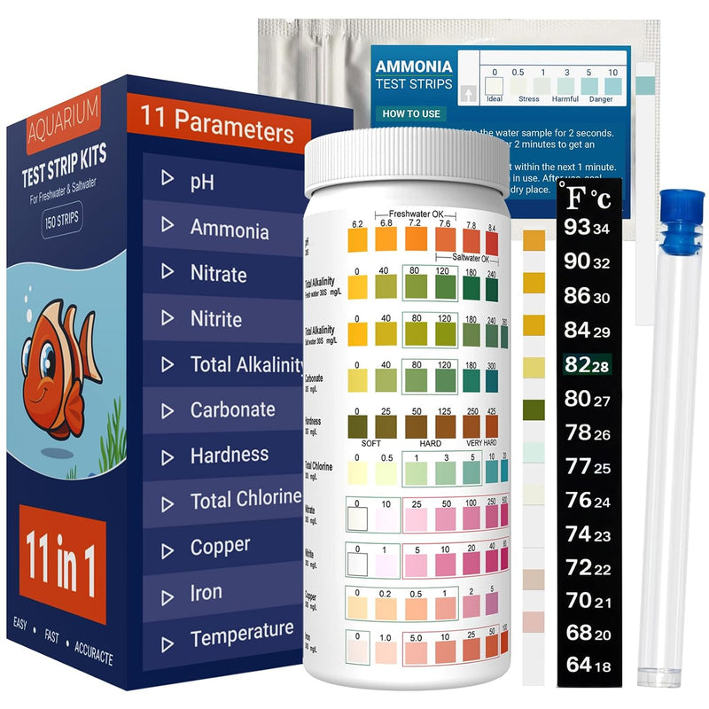 11 in 1 Aquarium Test Strips Kit | Aquarium Ammonia Test Strips | 150 Strips | Quick Accurate Freshwater&Saltwater Fish 