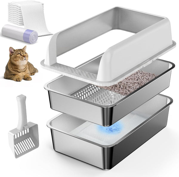 23.6''x16''x12'' Enclosed Stainless Steel Litter Box with Lid, XL Sifting Litter Box for Pine Pellets, High Sides Metal Litter Box System for Big Cats, Anti-Leakage, Easy Cleaning, Less Tracking