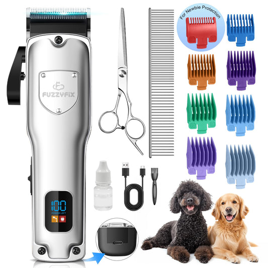FuzzyFix Dog Clippers for Grooming for Thick Heavy Coats, Professional Low Noise Cordless Dog Grooming Clippers Supplies Kit Rechargeable Pet Hair Trimmer with Stainless Steel Blade for Dogs Cats Pet
