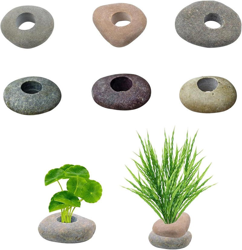 6 Pcs Natural River Stone Plant Weights for Aquarium, Pebble Aquatic Plants Fixed Ring, Aquarium Plant Anchors, Unique S