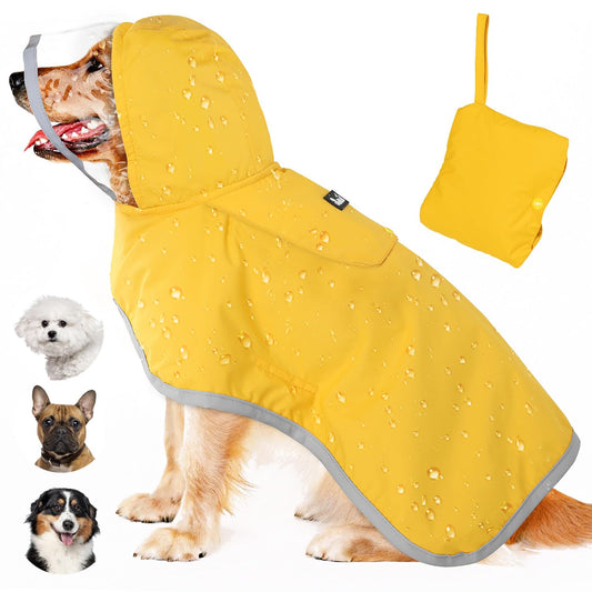 Lukovee Dog Raincoat, Adjustable Dog Rain Jacket with Clear Hooded Double Layer for Large Medium Small Dogs Puppies, Waterproof Rain Coat Poncho with Reflective Storage Pocket & Rim (Yellow,M)
