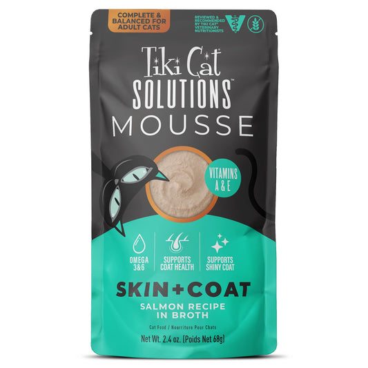 Tiki Cat Solutions Mousse Skin & Coat Mousse, Salmon Recipe, Specially Formulated with Omega Fatty Acids, Functional Wet Cat Food for Adult Cats, 2.4 oz. Pouch (12 Count)