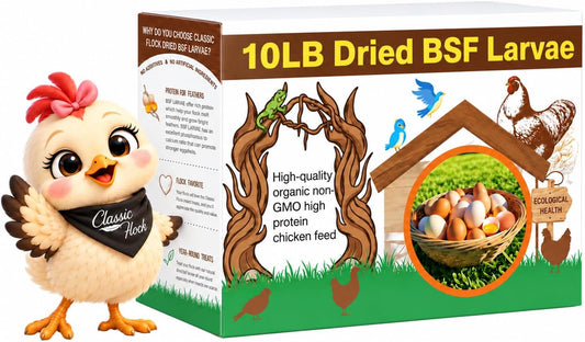 Classic Flock 10lb Dried Black Soldier Fly Larvae Chicken Feed,100% Natural Non-GMO BSF Larvae,More Calcium Than Mealworms,High Protein Chickens Treats, Food for Wild Birds, Ducks, Laying Hens