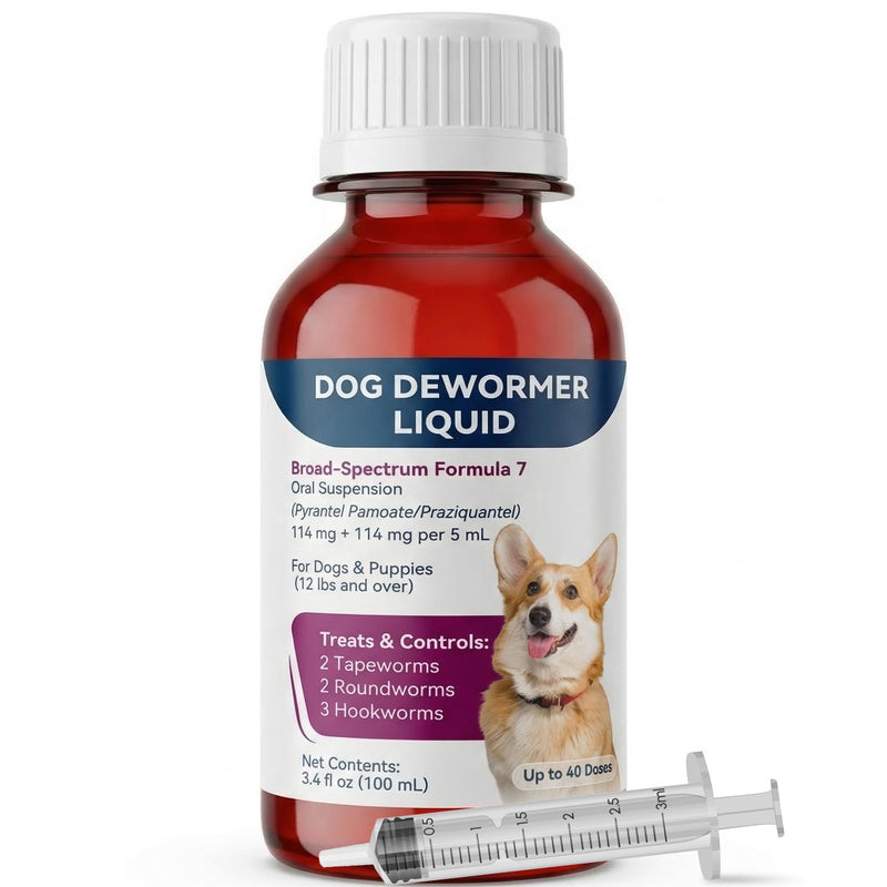 Liquid Dog Dewormer for Dogs & Puppies, Formula 7 Pyrantel Pamoate and Praziquantel, Removes Tapeworm, Roundworm & Hookworm, Broad Spectrum with 3ml Dosing Syringe (100ml)