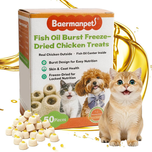 Freeze-Dried Chicken Cat Treats with Omega-3 Fish Oil Capsules | Fish Oil Supplement Rich in EPA and DHA | Support Skin 