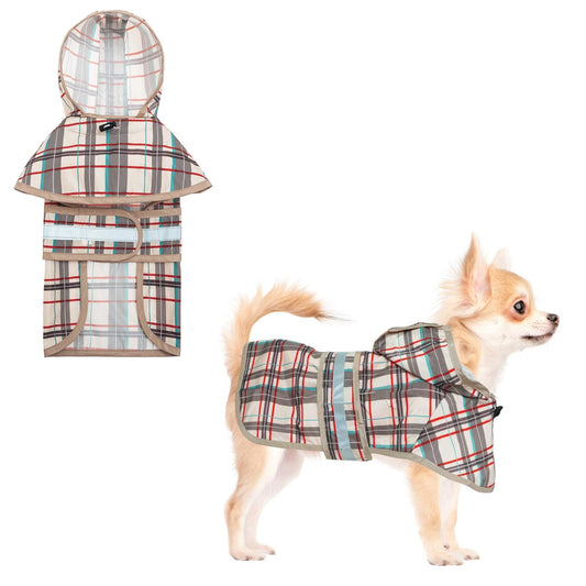 KOOLTAIL Dog Raincoat Hooded Slicker Poncho with Leash Hole, Raincoat for Small Medium Dogs, Waterproof Doggie Rain Jacket with Reflective Strip, Adjustable Breathable Plaid Puppy Rainwear-Beige XS