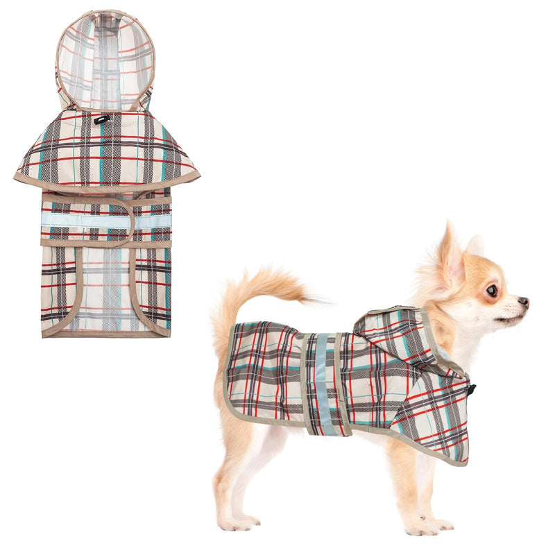 KOOLTAIL Dog Raincoat Hooded Slicker Poncho with Leash Hole, Raincoat for Small Medium Dogs, Waterproof Doggie Rain Jacket with Reflective Strip, Adjustable Breathable Plaid Puppy Rainwear-Beige XS
