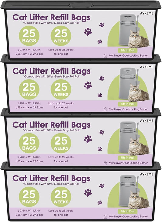100 Cat Litter Refill Roll Bags Compatible with Litter Genie Easy Roll Pail | Odor-Control & Long-Lasting Refills | 4 Pa