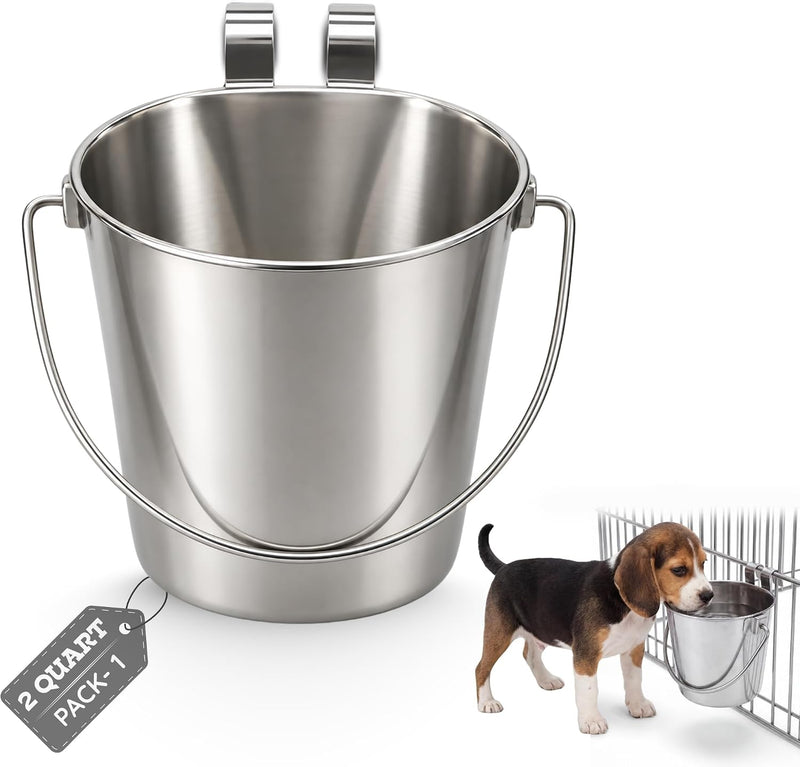 2 Quart Dog Water Bucket Flat Sided Stainless Steel with Hooks
