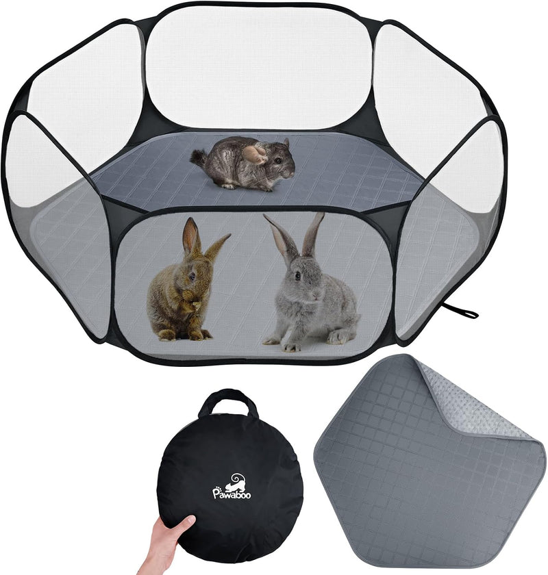 Pawaboo Small Animals Playpen with Pad, Black/Gray