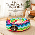 LUCKITTY Large Cat Tunnel Bed Under Christmas Tree with Fluffy Toy Balls, Small Cushion and Flexible Design- 10 inch Diameter, 3 ft Length- Great for Cats, and Small Dogs, Rainbow Wave Color
