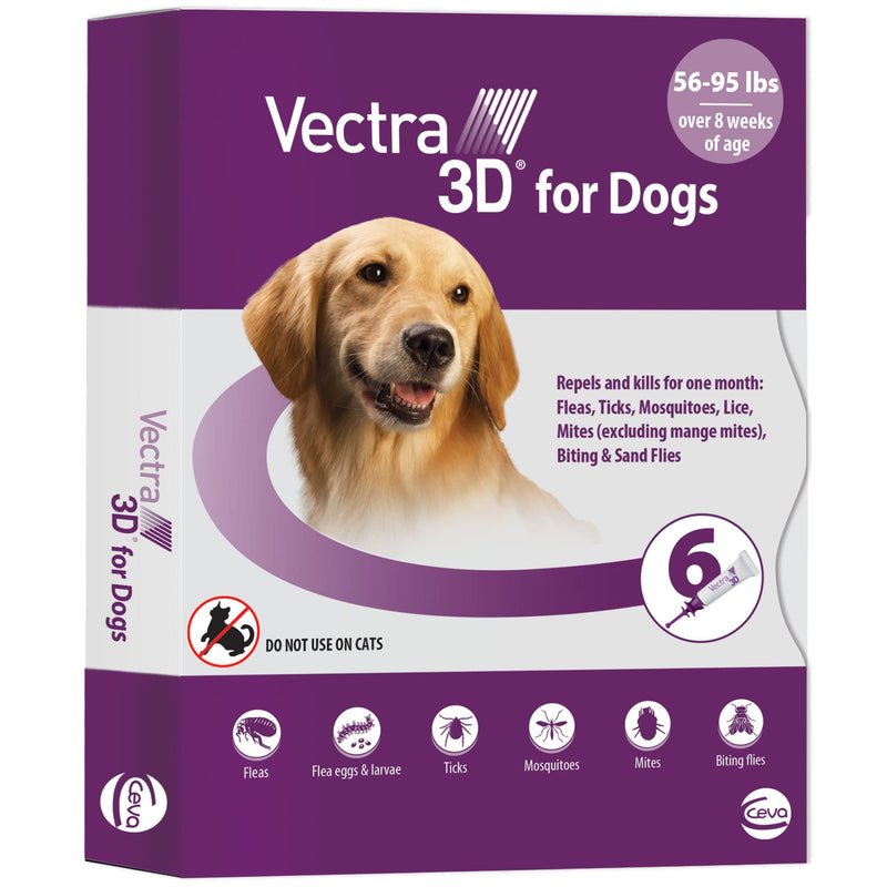 Vectra 3D Flea and Tick Prevention for Dogs, Kills and Repels Fleas, Ticks & Mosquitoes | Fast‑Acting, Waterproof, No Prescription Needed | Large Dogs 56–95 lbs, 6‑Month Supply