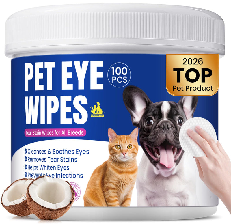 Dog Eye Wipes, Tear Stain Remover for All Dogs & Cats – Hypoallergenic & Deodorizing Eye Wipes for Dogs, Pet Eye Cleaner Wipes with Enzymes for Discharge, Crust, Mucus & Debris, Coconut (100 Ct)