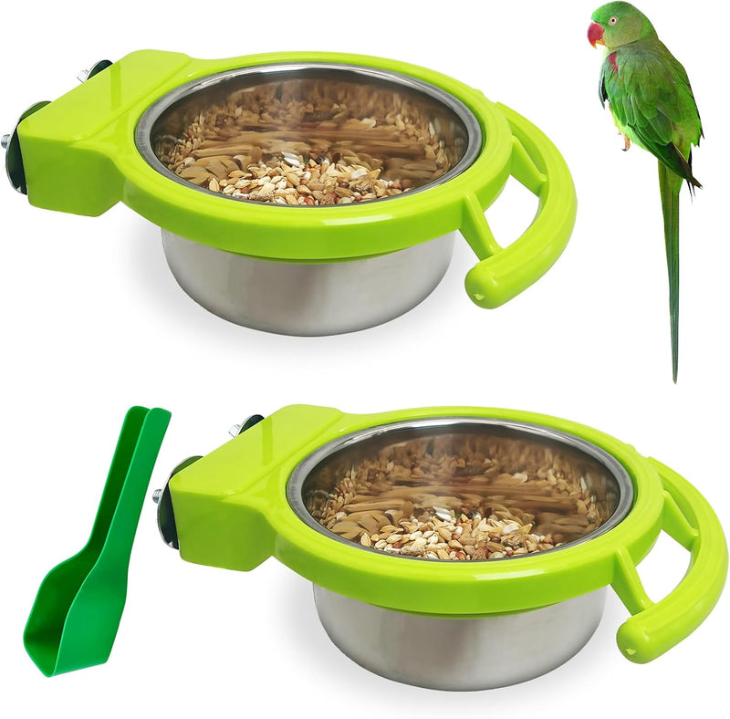 BNOSDM 2 PCS Stainless Steel Bird Bowls Bird Feeding Dish Water Cups Perch Stand Hanging Parakeet Food Container Food an