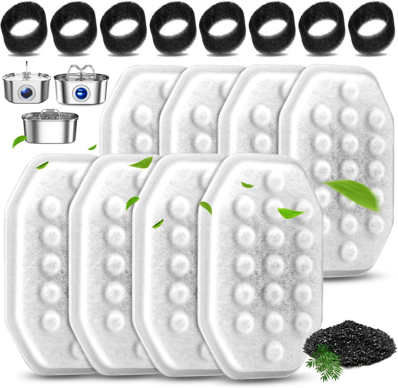 8 Pack Cat Water Fountain Filters with 8 Pack Pre-Filter Sponges Set for 3.2L/108oz Pet Cat Water Fountain, Pet Fountain