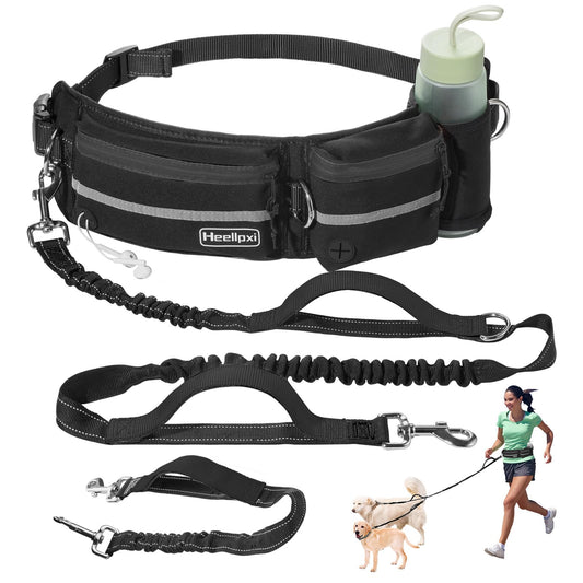 Heellpxi Dog Leash with Waist Belt, Reflective Stitching, Dual Handles, Elastic Retractable Design, Perfect for Running, Black, Suitable for Medium and Large Dogs