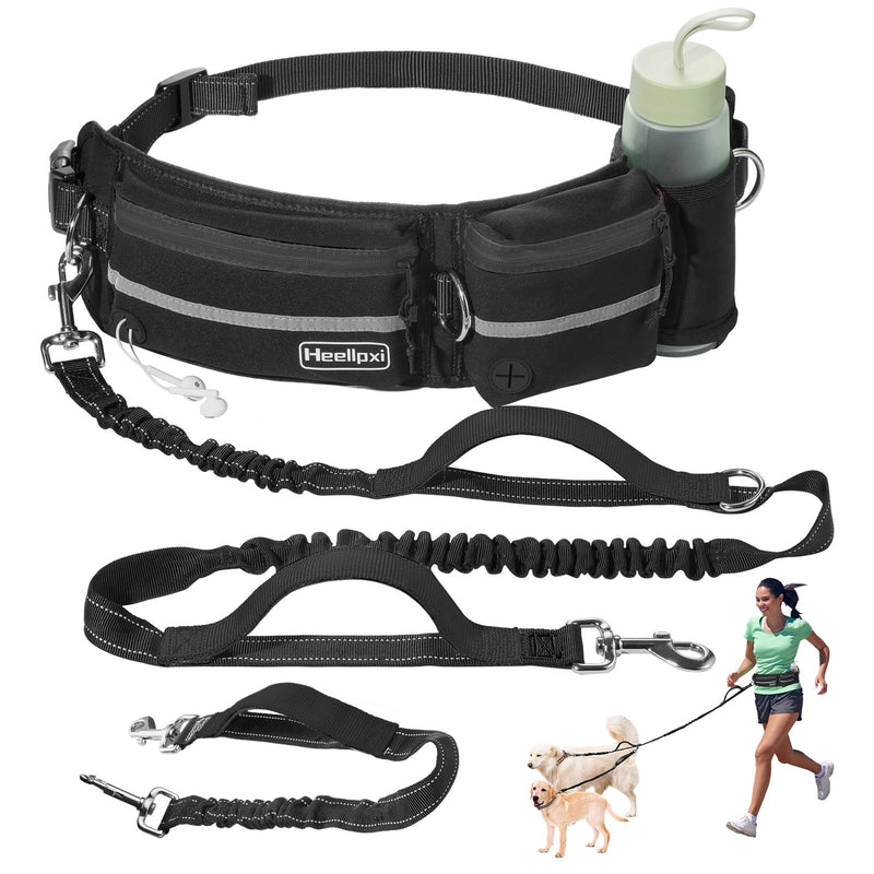 Heellpxi Dog Leash with Waist Belt, Reflective Stitching, Dual Handles, Elastic Retractable Design, Perfect for Running, Black, Suitable for Medium and Large Dogs
