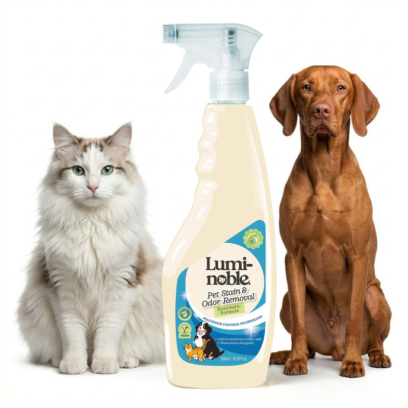 LUMI-NOBLE. Pet Stain & Odor Remover Spray – enzyme cleaner for dog urine and poop carpet, Upholstery & Fabrics – Eliminates Cat Pee, Feces, Vomit & Tough Stains, Eco-Friendly, Vegan, Citrus Scent