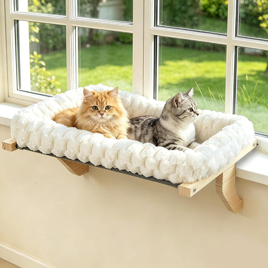 Zoratoo Cloud-Cuddle Cat Perch for Window Sill with Bolster, Natural Wood & Metal Frame Cat Window Seat for Large Cats, Easy to Adjust Zipper Cushion Pet Bed for Windowsill (Large)