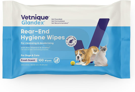Vetnique Glandex Rear End Wipes for Dogs & Cats, Anal Gland Hygiene & Deodorizing Dog Wipes for Paws and Butt, Boot The Scoot with DeoPlex Enzyme, Aloe & Vitamin E (100ct)