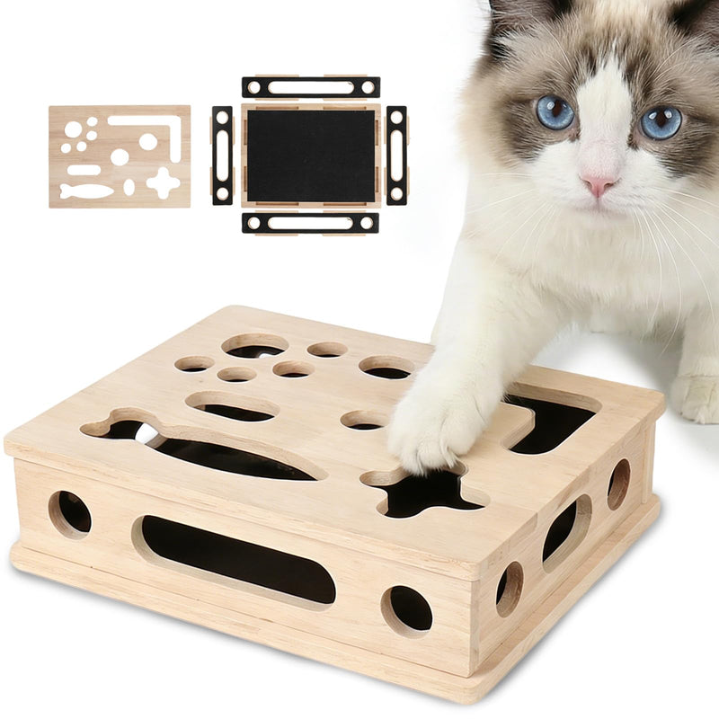 Cat Scratch Puzzle Enrichment Box, Smooth Solid Wood Cat Nail File Enrichment Box with Built-in Sandpaper, Cat Nail File Box Stress Free Alternative to Clippers & Grinders(No Bell Ball)