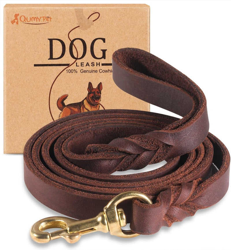 QUMY 4ft Brown Leather Dog Leash for Large Medium Small Dogs Training Leash