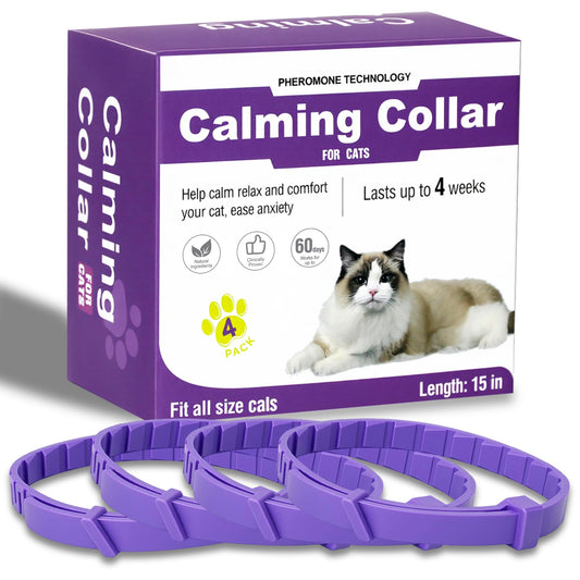 Calming Collar for Cats, Pheromone Cat Calming Collar Cat Anxiety Relief & Stress, Natural Ingredients Pheromones Rapid Effect Adjustable Waterproof, 4 Pack